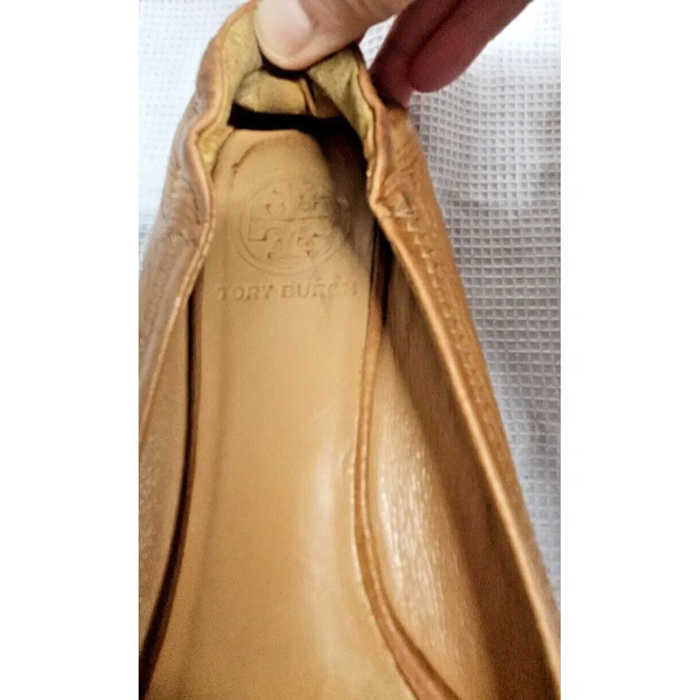 TORY BURCH Minnie travel ballet flat camel pebbled all leather upper woman Sz 6M